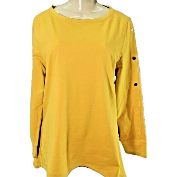 Cappagallo L Sunset Yellow Crew Neck SharkBite Hem Long Studded Sleeve Riley Top - Picture 2 of 6